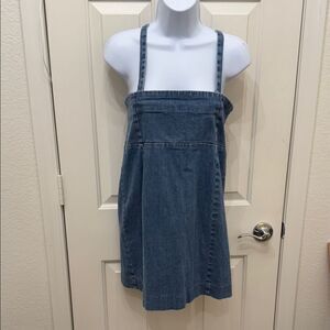 Lux Blue Denim Mini Dress Adjustable Straps Size 10 Square Neck Slit Back